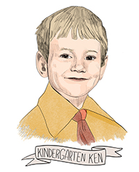An illustration of a smiling boy with straight blonde hair, brown eyes, fair skin, a mustard yellow collared shirt and red tie. An unfurling pink banner below says KINDERGARTEN KEN.
